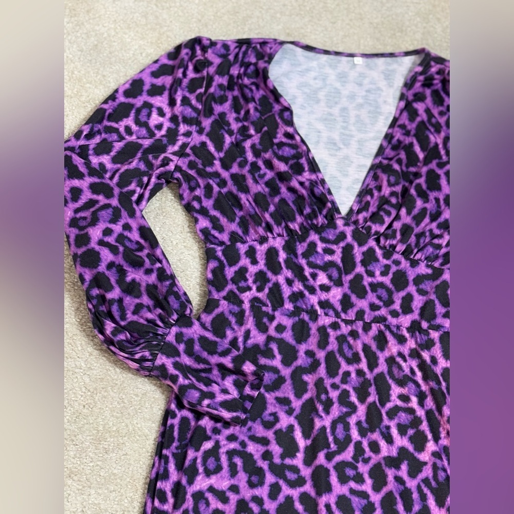 Purple Leopard Print Ruched Bodycon Dress | Long Sleeve Party Dress M - Picture 5 of 8